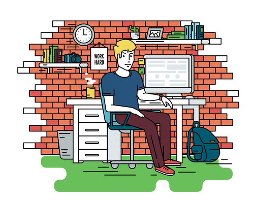 Flat line contour illustration of student or designer sitting at his workplace. Room contains red brick wall, bookshelfs, work desk with pc, computer bag and green carpet. Isolated background